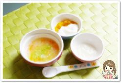 離乳食49日1回目にんじん粥白菜とろとろ乗せ